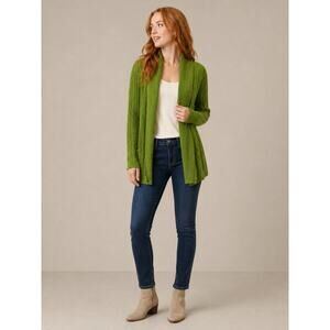 Chicos Green Cardigan Sweater Size 1 Cable Knit Open Front
